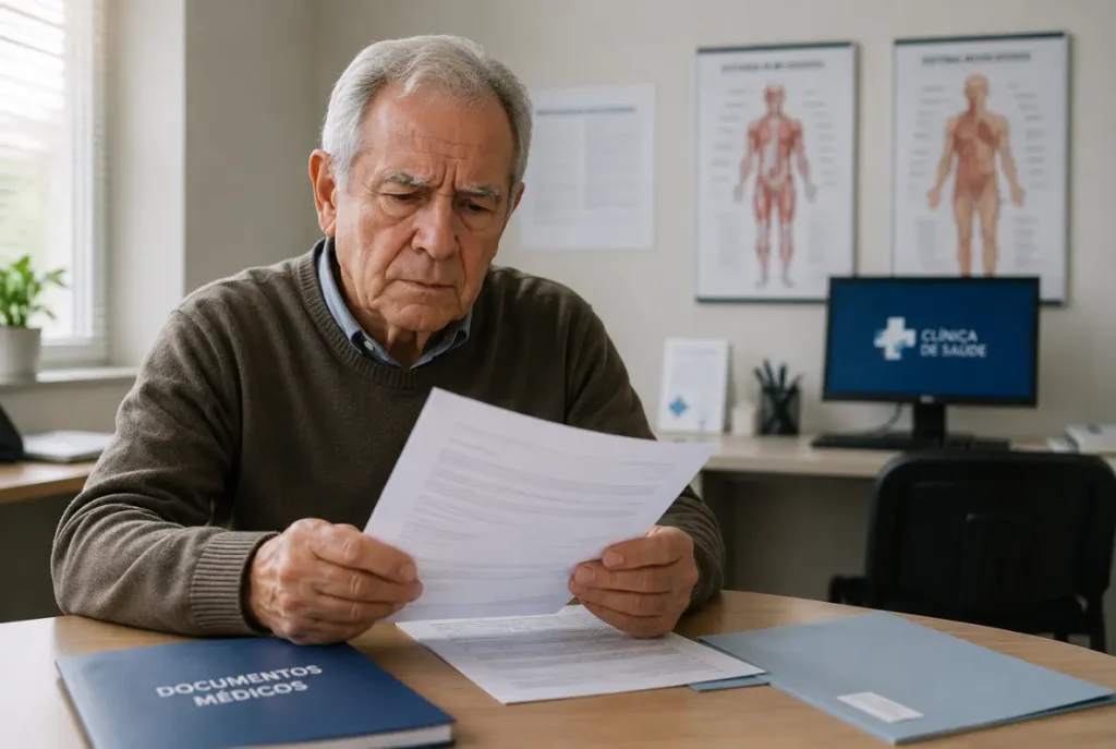 Aposentadoria por incapacidade permanente segurado com documentos médicos em consultório, ilustrando o processo de solicitação do benefício no INSS - Bruno Castro Advogadas em Pelotas