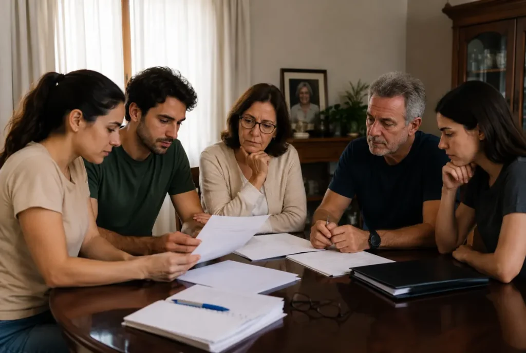 Inventário judicial ou extrajudicial família reunida com documentos sobre mesa, representando o processo de partilha de herança em PelotasRS - Bruno Castro Advogadas em Pelotas