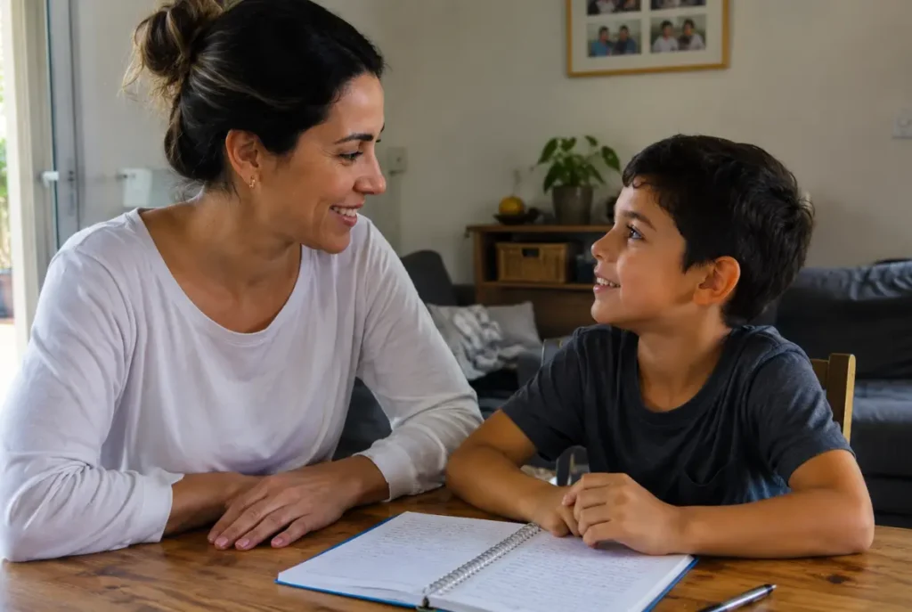 Mãe e filho sentados à mesa, conversando em ambiente doméstico acolhedor, transmitindo a ideia de cuidado, proteção e família, ilustrando o tema da pensão alimentícia. - Bruno Castro Advogadas em